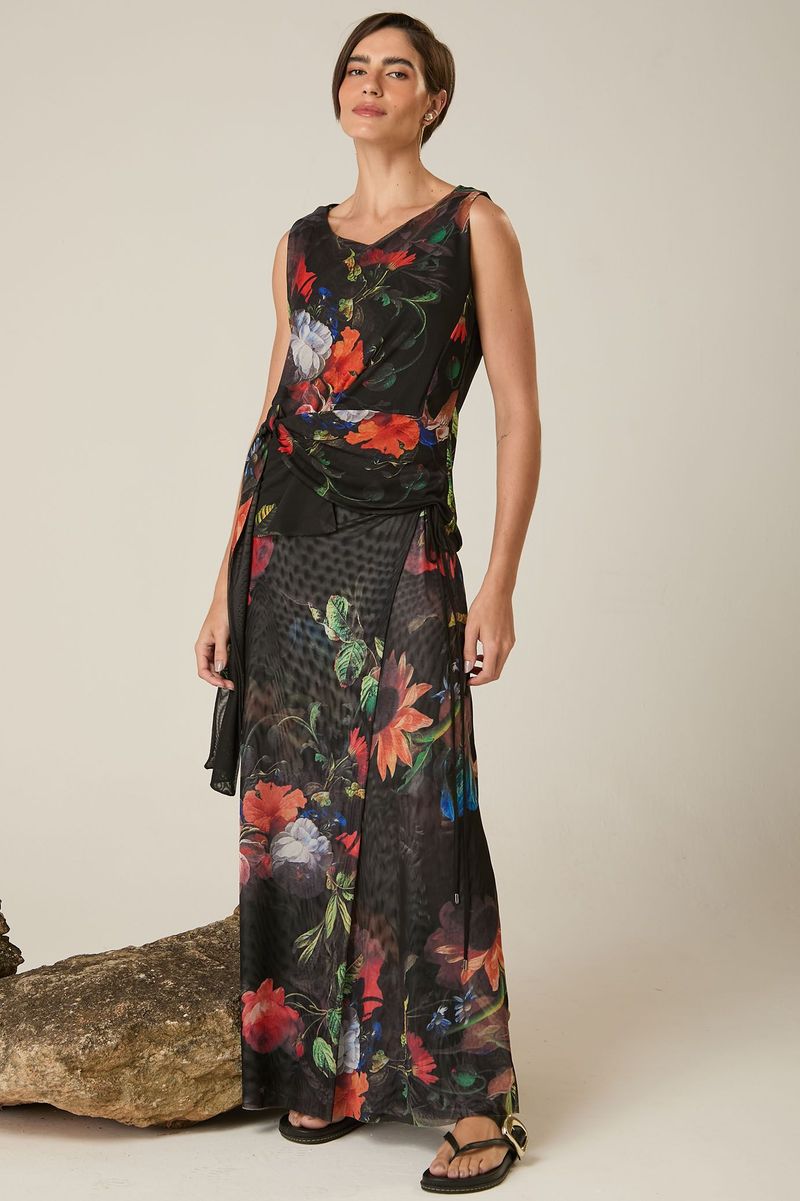 Blusa de Tule Floral Sem Manga Estampa Elias Vanden Broeck