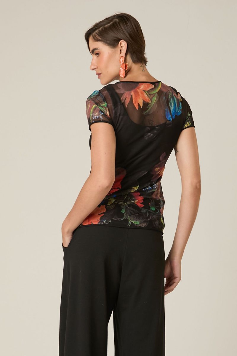 Blusa Segunda Pele de Tule Floral Manga Curta Estampa Elias Vanden Broeck 