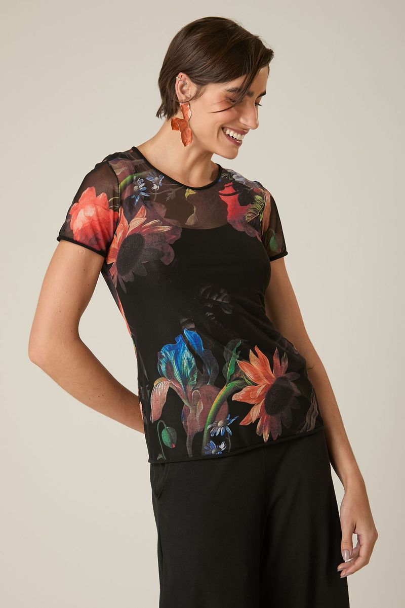 Blusa Segunda Pele de Tule Floral Manga Curta Estampa Elias Vanden Broeck 