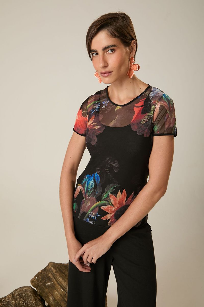 Blusa Segunda Pele de Tule Floral Manga Curta Estampa Elias Vanden Broeck 