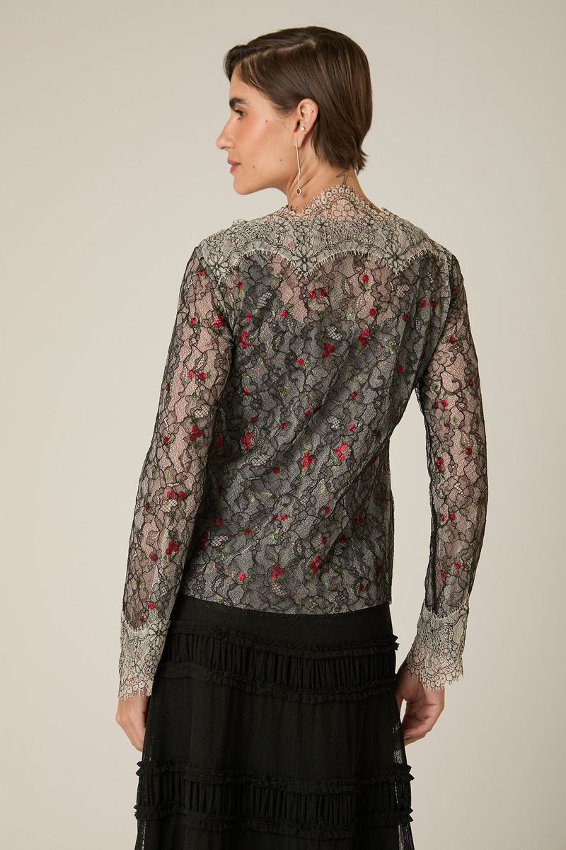 Blusa Tule Bordado com Renda Preta