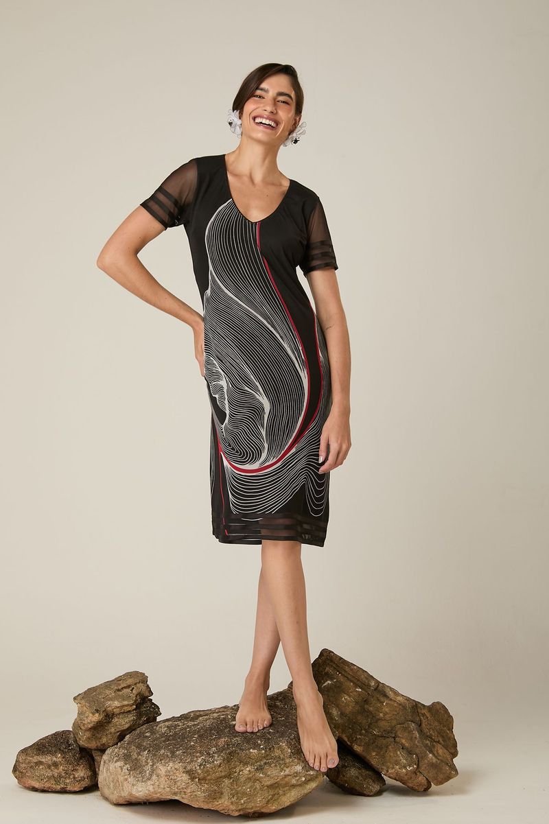 Vestido Curto de Tule Geométrico com Fita de Cetim