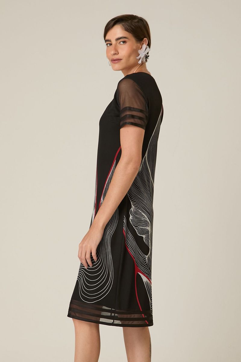 Vestido Curto de Tule Geométrico com Fita de Cetim