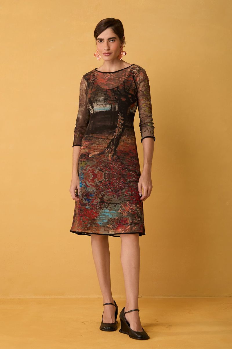 Vestido Curto Reto de Tule Estampa Vincent van Gogh