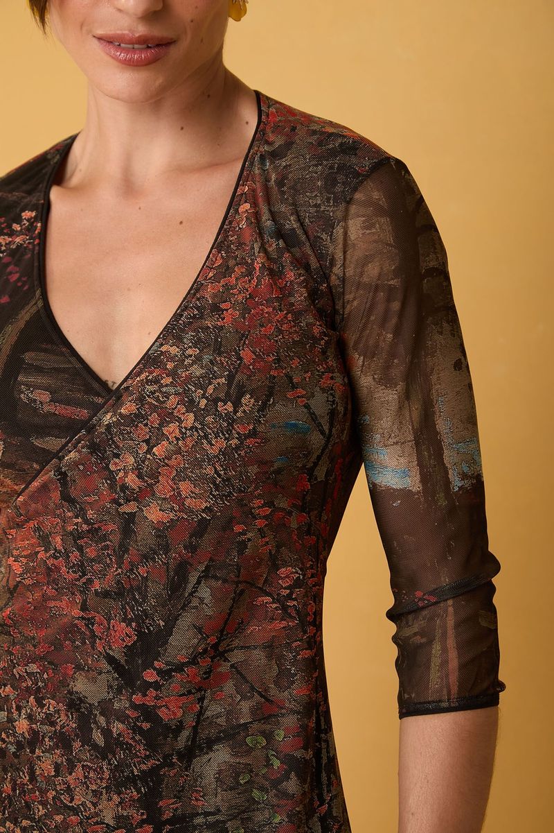 Vestido Curto de Tule Estampa Van Gogh Manga 3/4
