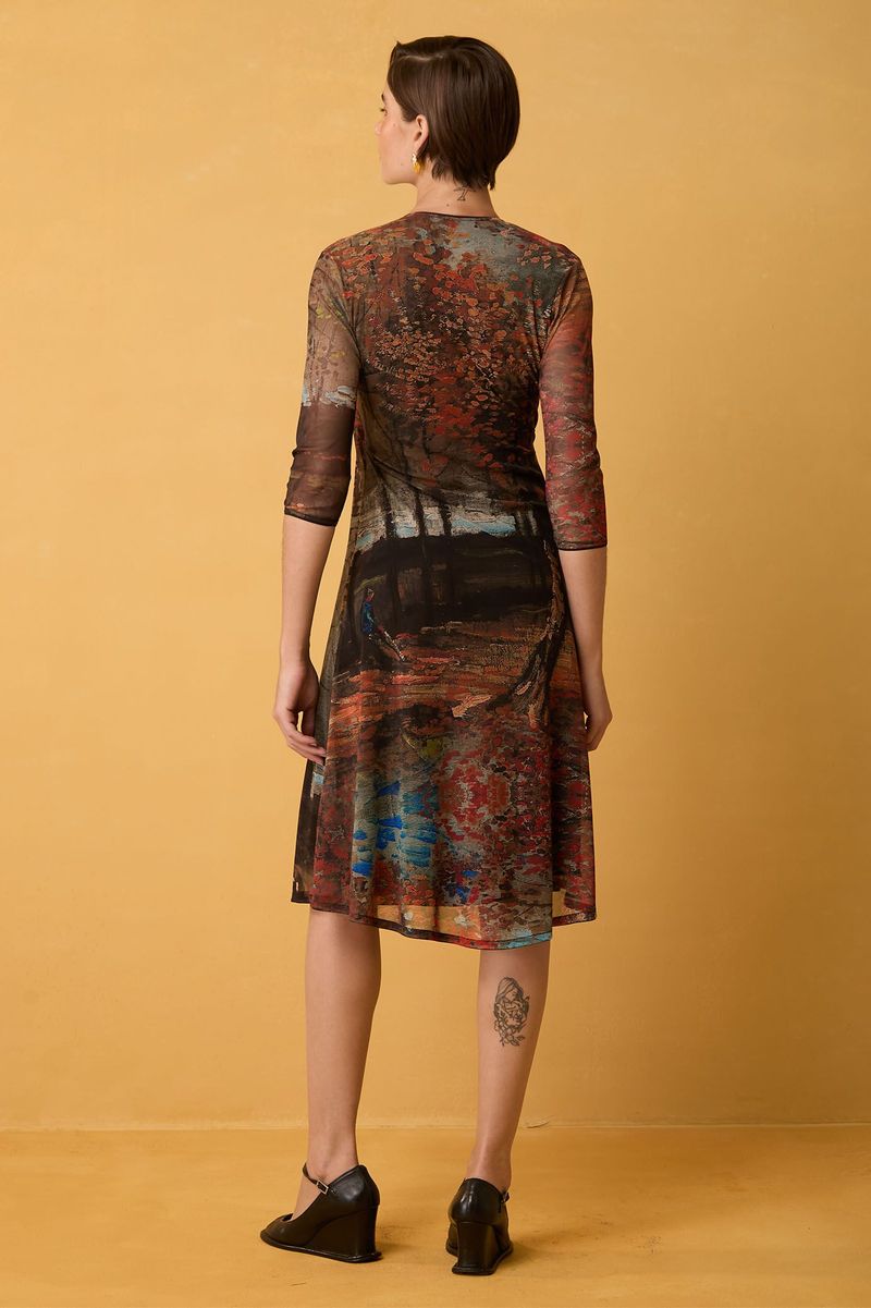 Vestido Curto de Tule Estampa Van Gogh Manga 3/4