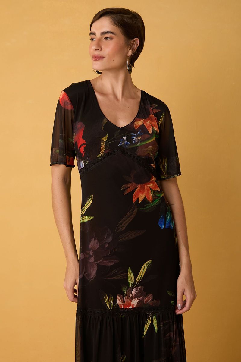 Vestido Midi de Tule Floral com Passa-Fita Estampa Elias Vanden Broeck