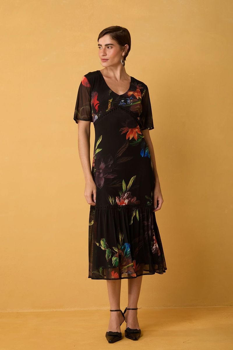 Vestido Midi de Tule Floral com Passa-Fita Estampa Elias Vanden Broeck