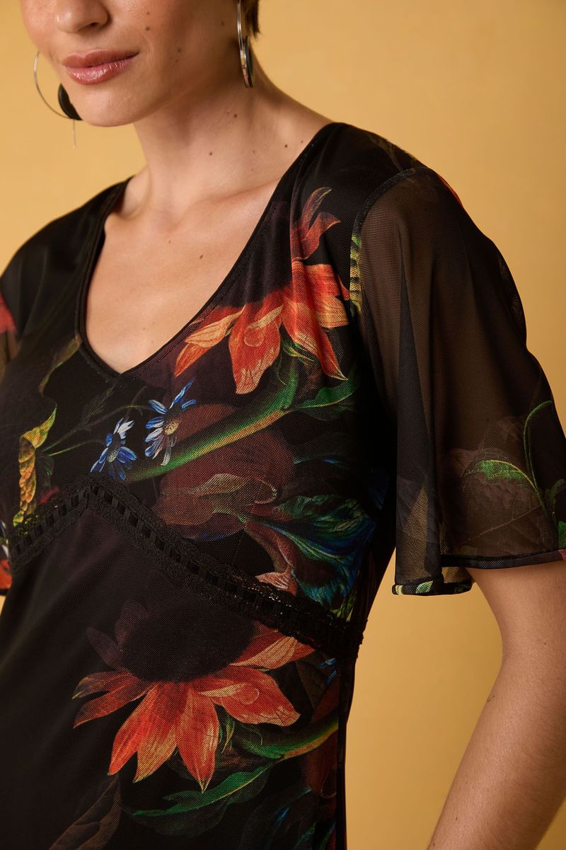 Vestido Midi de Tule Floral com Passa-Fita Estampa Elias Vanden Broeck