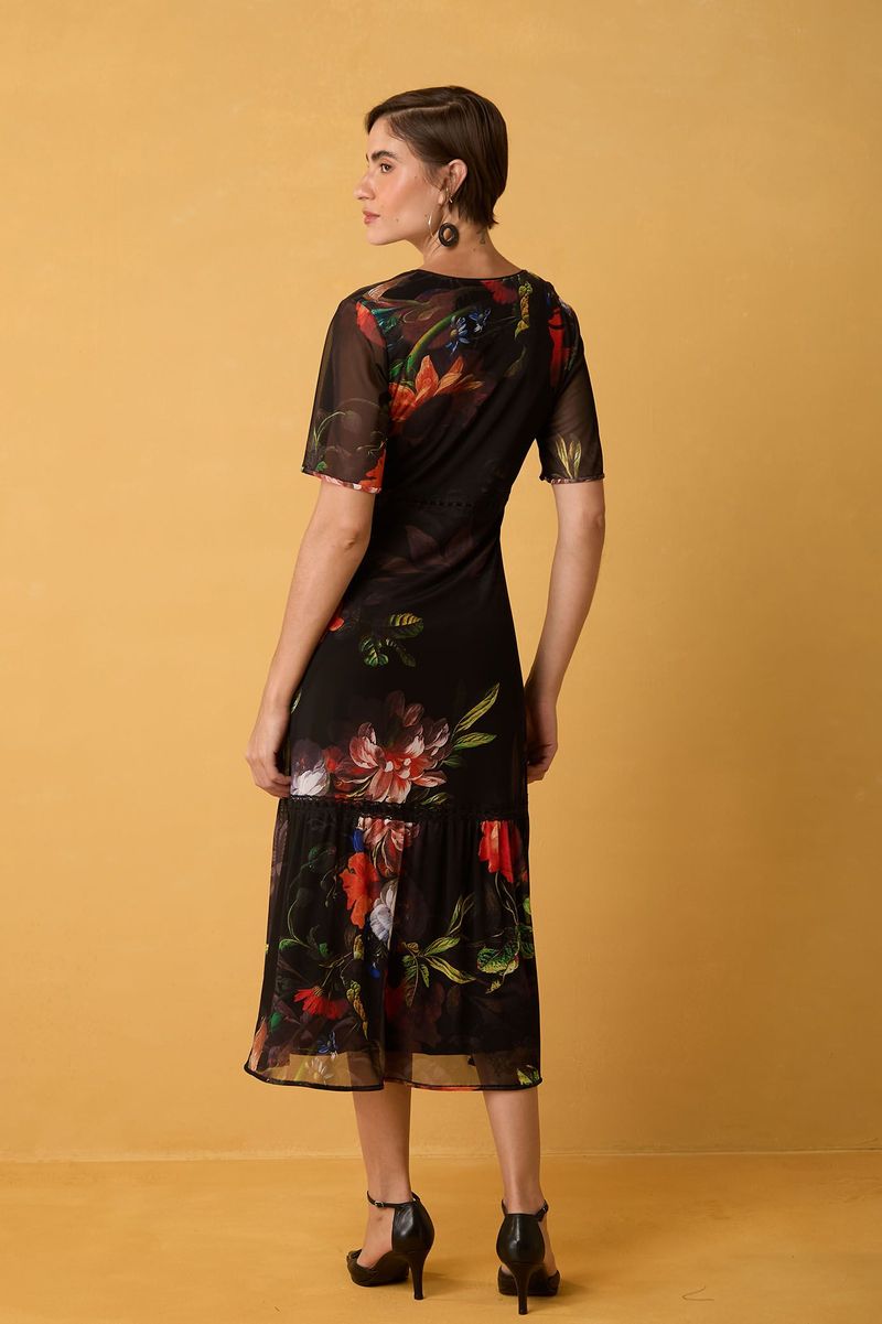 Vestido Midi de Tule Floral com Passa-Fita Estampa Elias Vanden Broeck