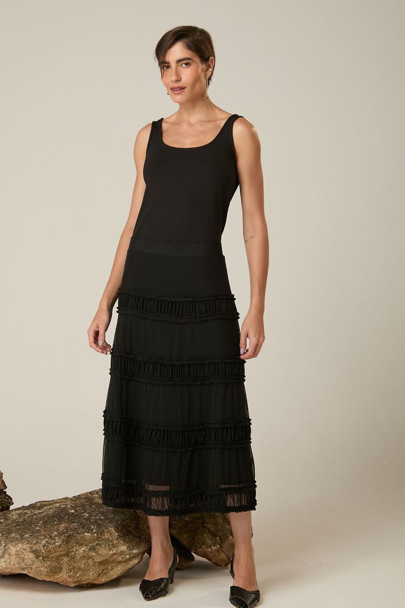 Saia Midi de Tule Preta com Frufru