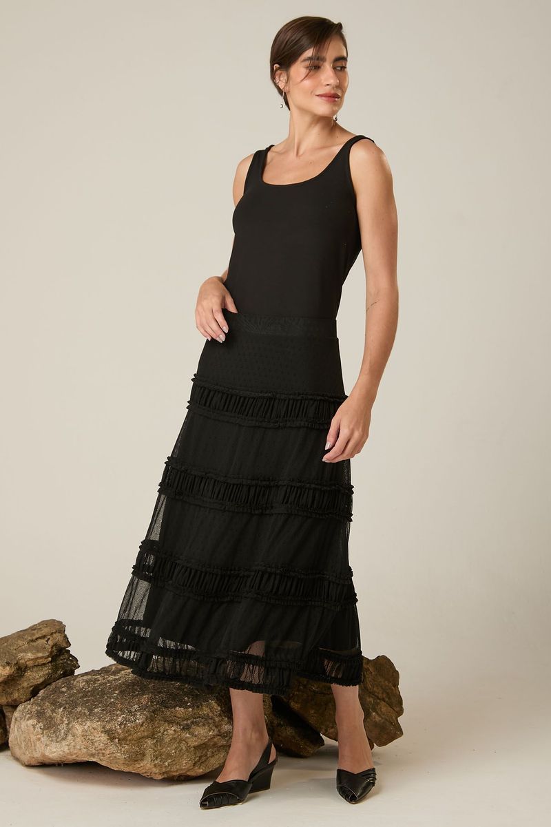 Saia Midi de Tule Preta com Frufru