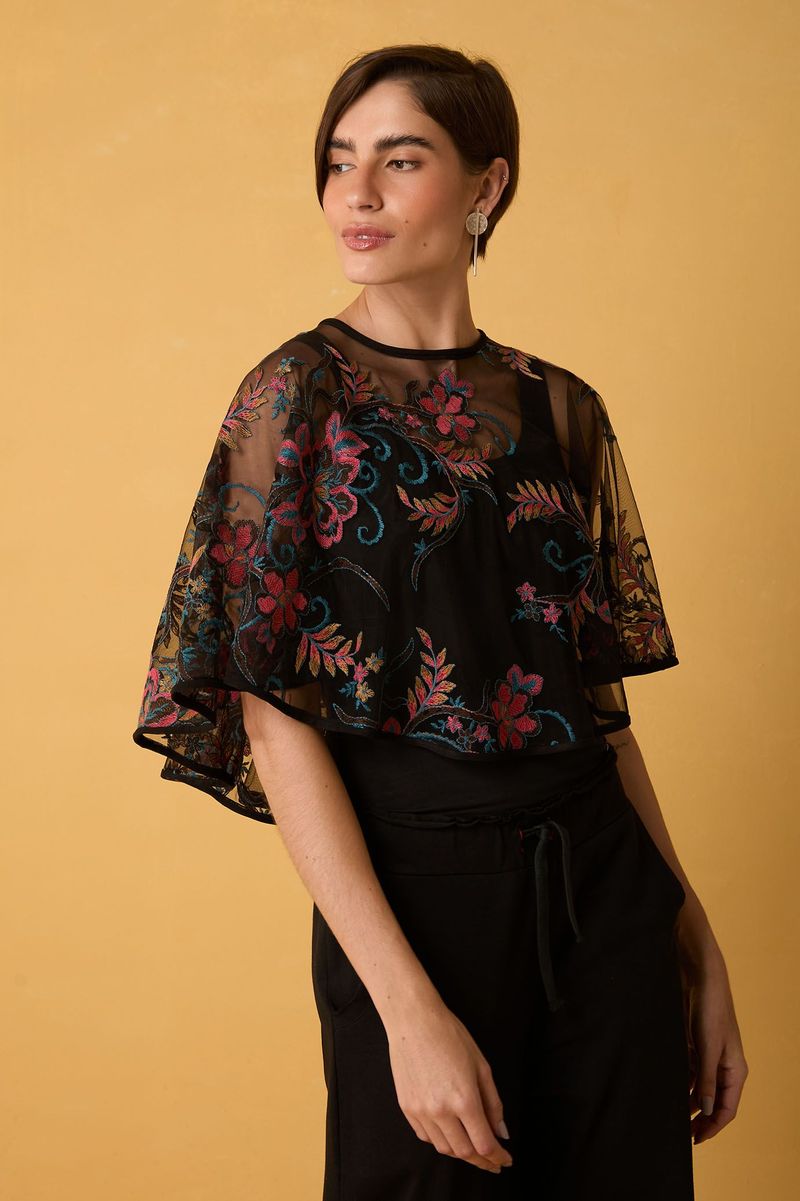 Bolero de Tule Preto com Bordado Floral Colorido