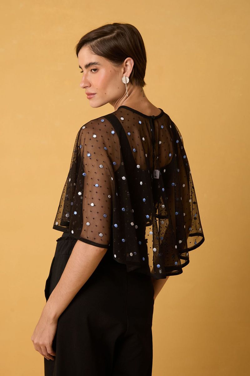 Bolero de Tule Preto com Poás Coloridos