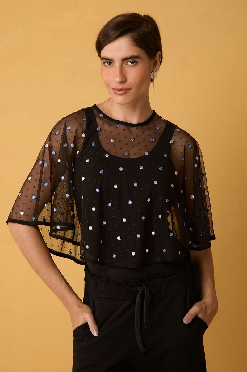 Bolero de Tule Preto com Poás Coloridos