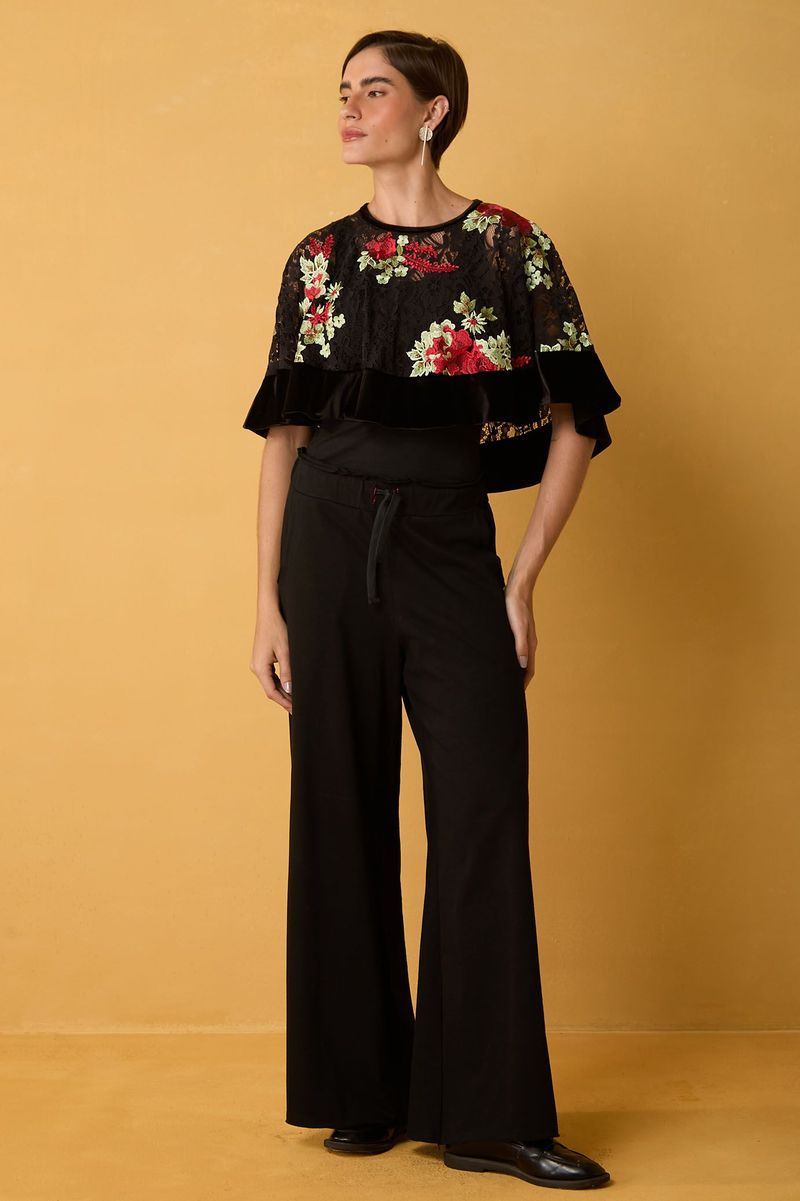 Bolero Preto com Renda Bordada Flores Vermelhas