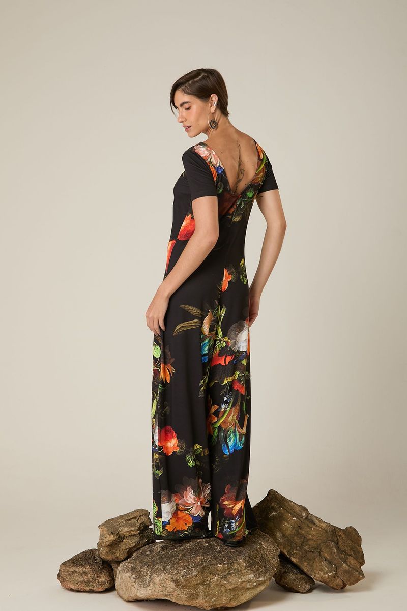 Macacão Longo de Malha Estampado Floral com Bolsos