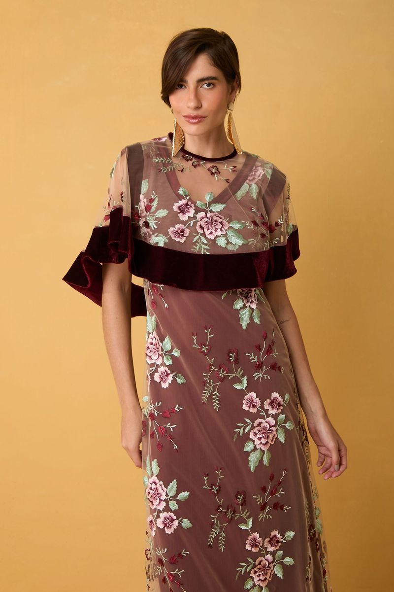 Bolero Feminino de Tule Bordado Floral com Veludo Vinho