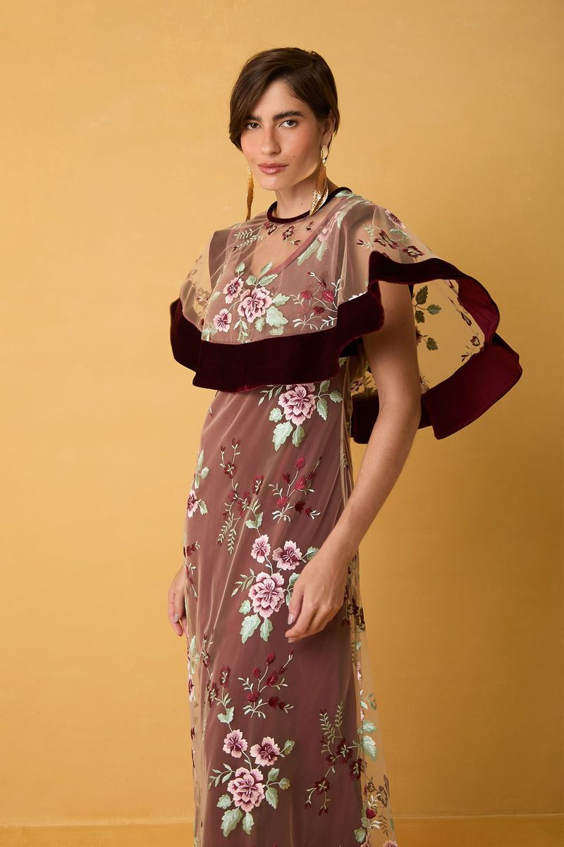 Bolero Feminino de Tule Bordado Floral com Veludo Vinho