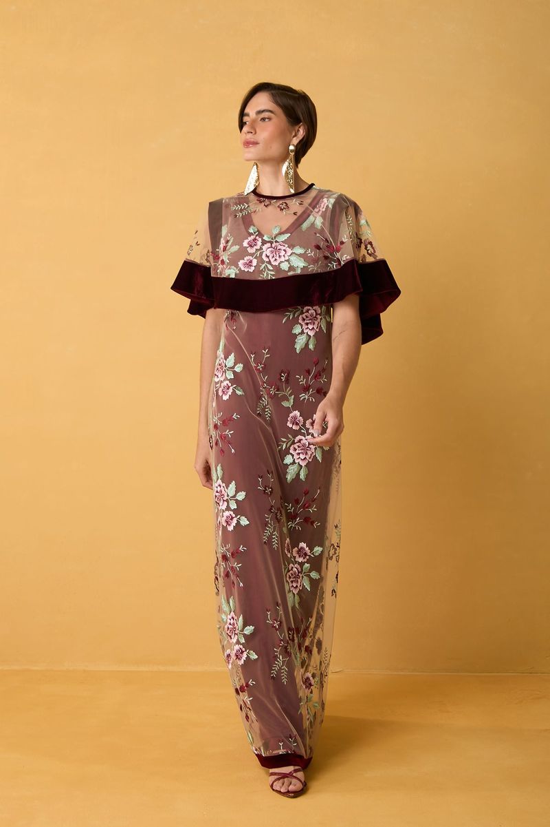 Bolero Feminino de Tule Bordado Floral com Veludo Vinho