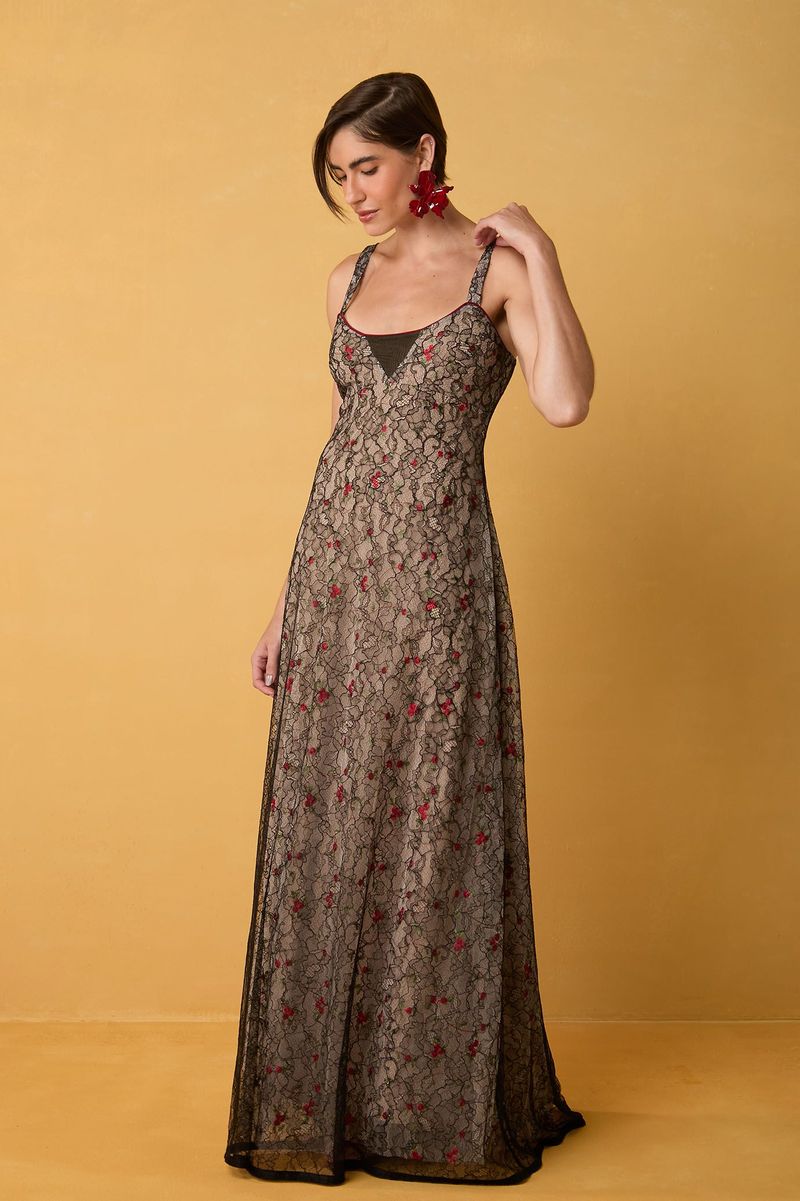 Vestido Longo 3 Camadas em Renda Preta e Tule Bordado Floral
