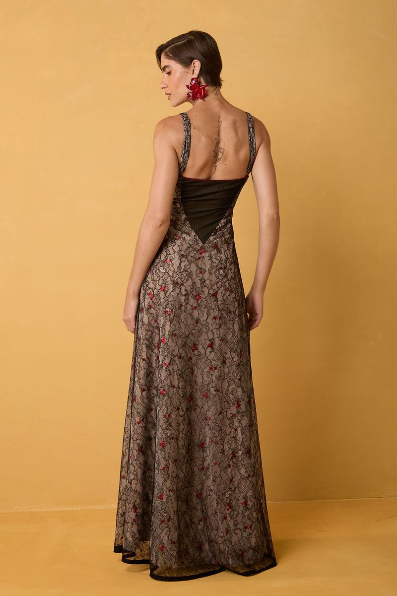Vestido Longo 3 Camadas em Renda Preta e Tule Bordado Floral