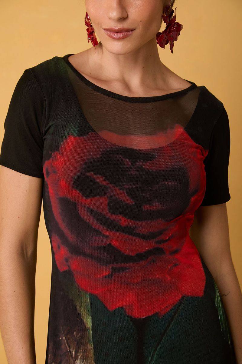 Vestido Estampado Floral Rosa Vermelha com Transparência