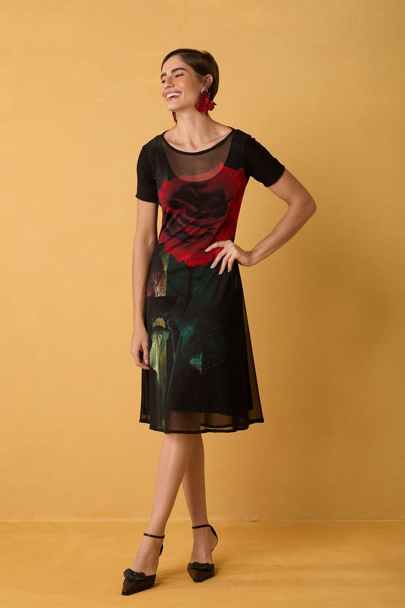 Vestido Estampado Floral Rosa Vermelha com Transparência