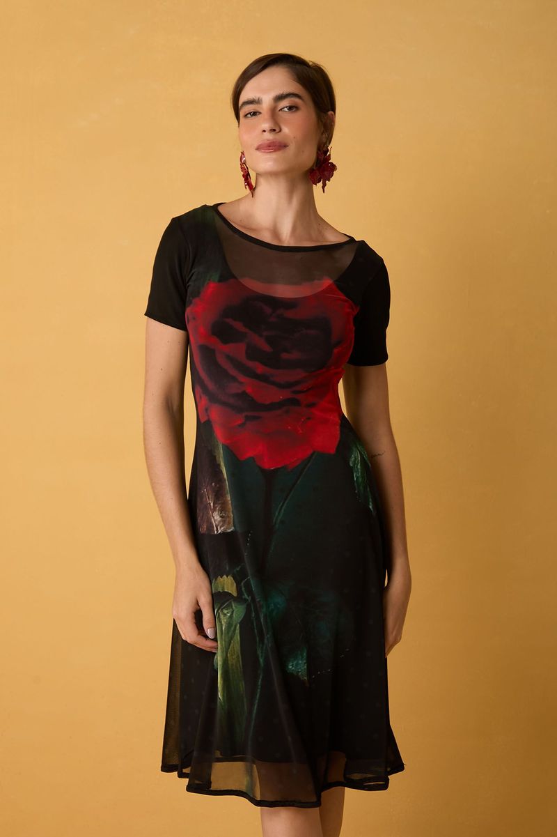Vestido Estampado Floral Rosa Vermelha com Transparência
