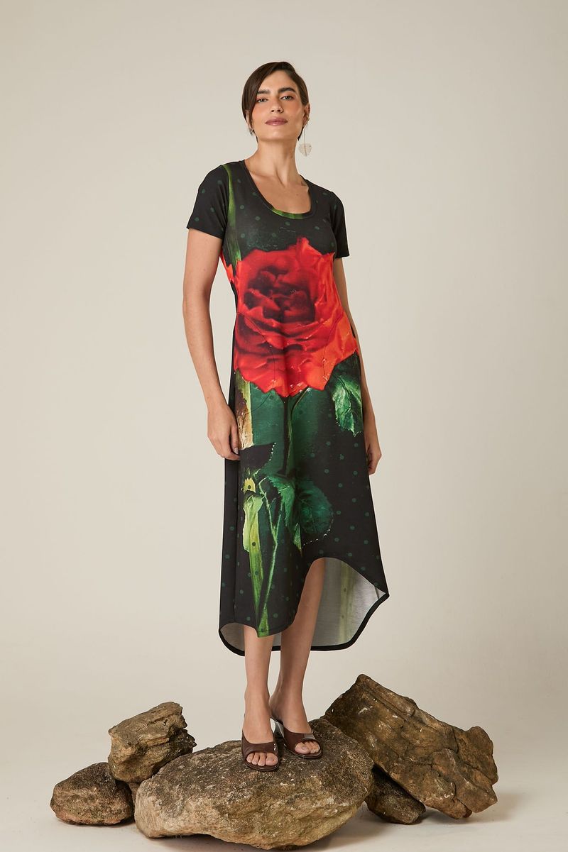 Vestido de Malha com Barra Ondulada e Viés de Cetim Rosa Poá