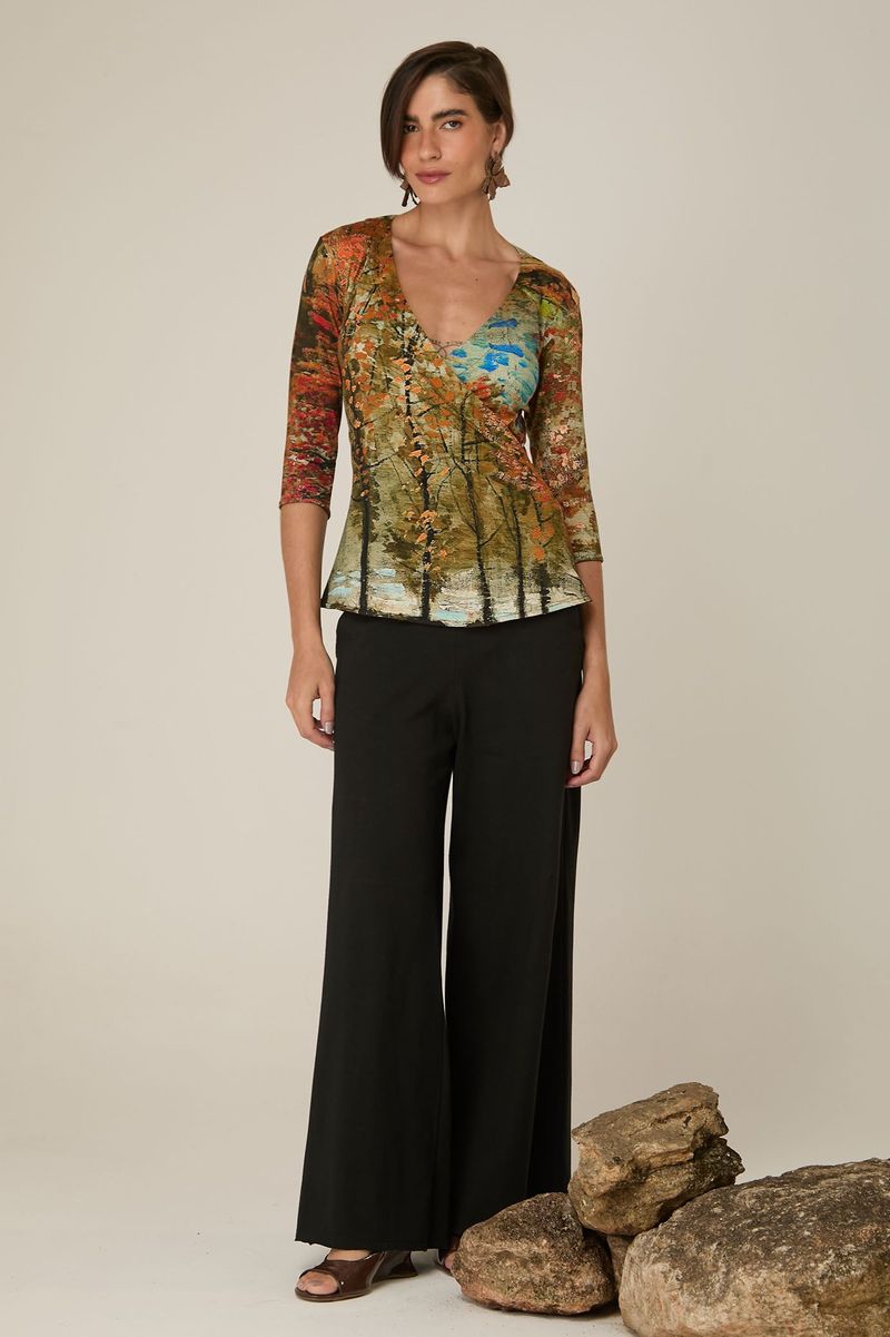 Blusa Estampada com Decote Transpassado e Manga 3/4 Vicente Van Gogh