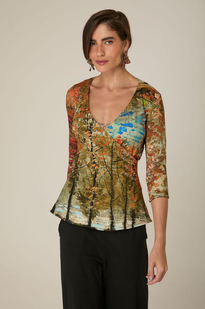 Blusa Estampada com Decote Transpassado e Manga 3/4 Vicente Van Gogh