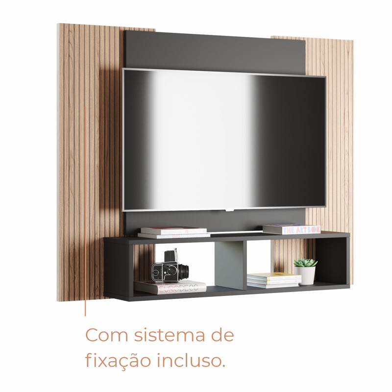 Painel Para Tv Até 42 Polegadas Com Nichos Gaia - Preto / Cinamomo Ripado