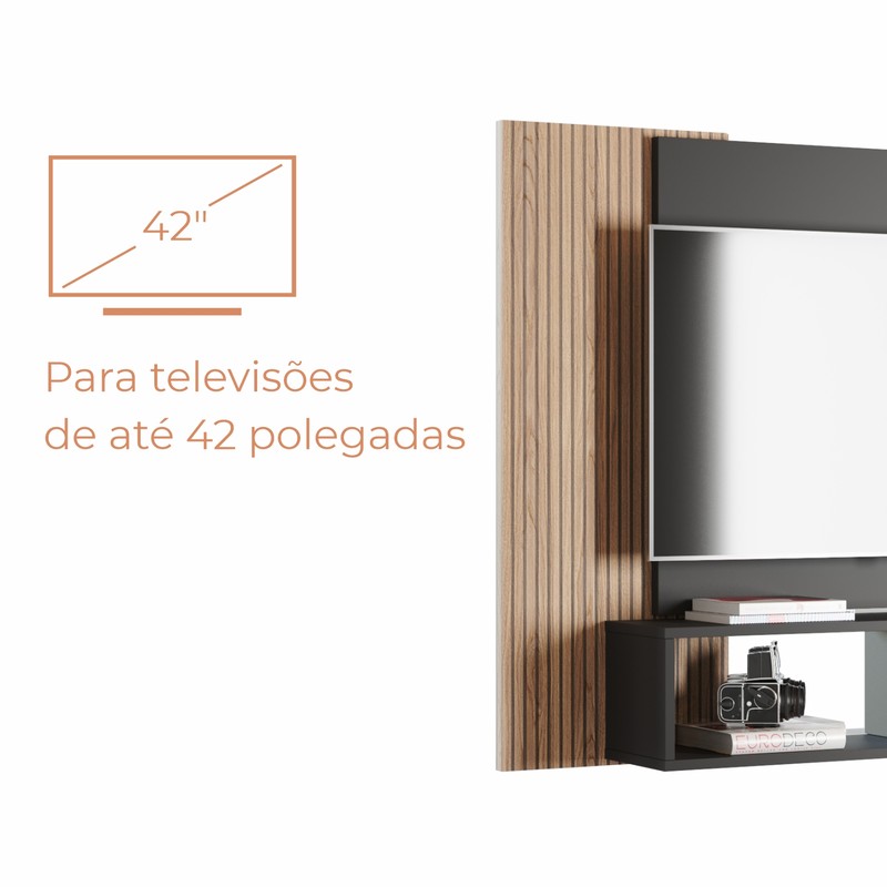 Painel Para Tv Até 42 Polegadas Com Nichos Gaia - Preto / Cinamomo Ripado