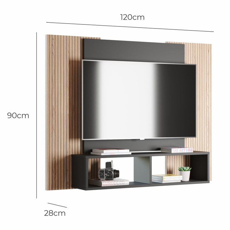 Painel Para Tv Até 42 Polegadas Com Nichos Gaia - Preto / Cinamomo Ripado