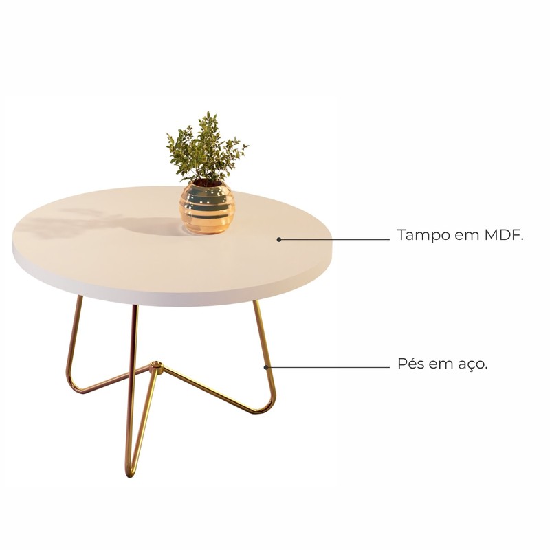 Mesa de Centro MDF Gobi Pés de Metal Babus - Perola / Dourado