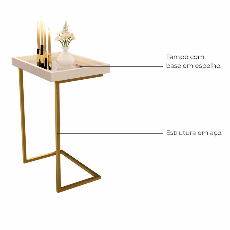 Mesa lateral Tira com pés de Metal Babus - Perola / Dourado