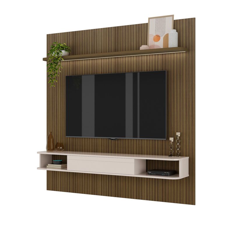 Painel Ripado Até 75 Polegadas Com Led 1 Porta 2 Nichos E Prateleira Belluno Artely Pinho/Off White