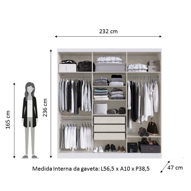 Guarda Roupas Casal Mendoza 6 Pt. 3 Gav. 230cm - Branco