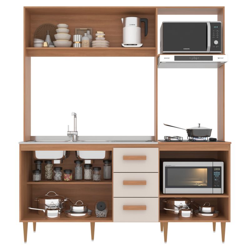 Cozinha Compacta Celine 4 Portas 3 Gavetas Ripado Freijó/off White