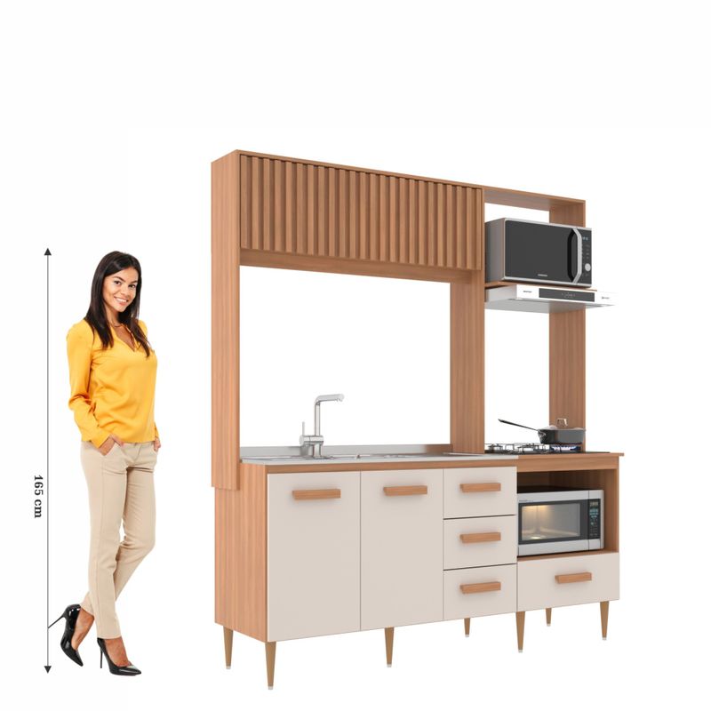 Cozinha Compacta Celine 4 Portas 3 Gavetas Ripado Freijó/off White