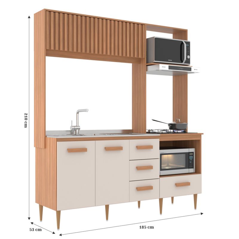 Cozinha Compacta Celine 4 Portas 3 Gavetas Ripado Freijó/off White