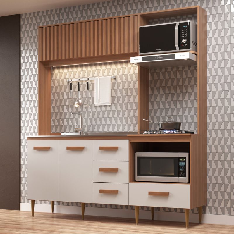 Cozinha Compacta Celine 4 Portas 3 Gavetas Ripado Freijó/off White