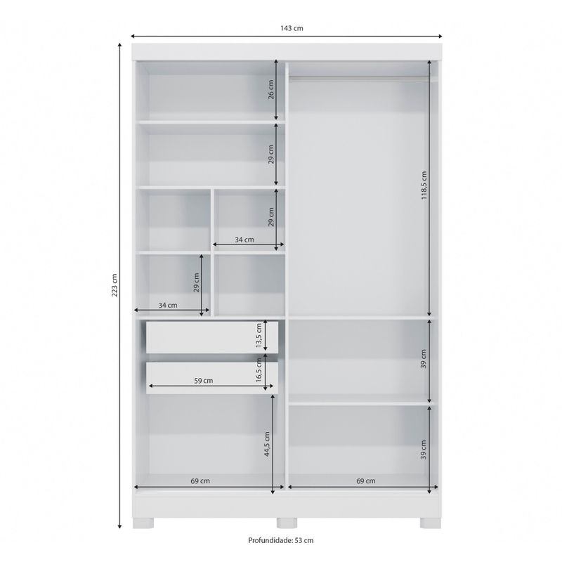 Guarda Roupas de Solteiro 2 portas de correr e 2 gavetas Málaga 143cm - Branco