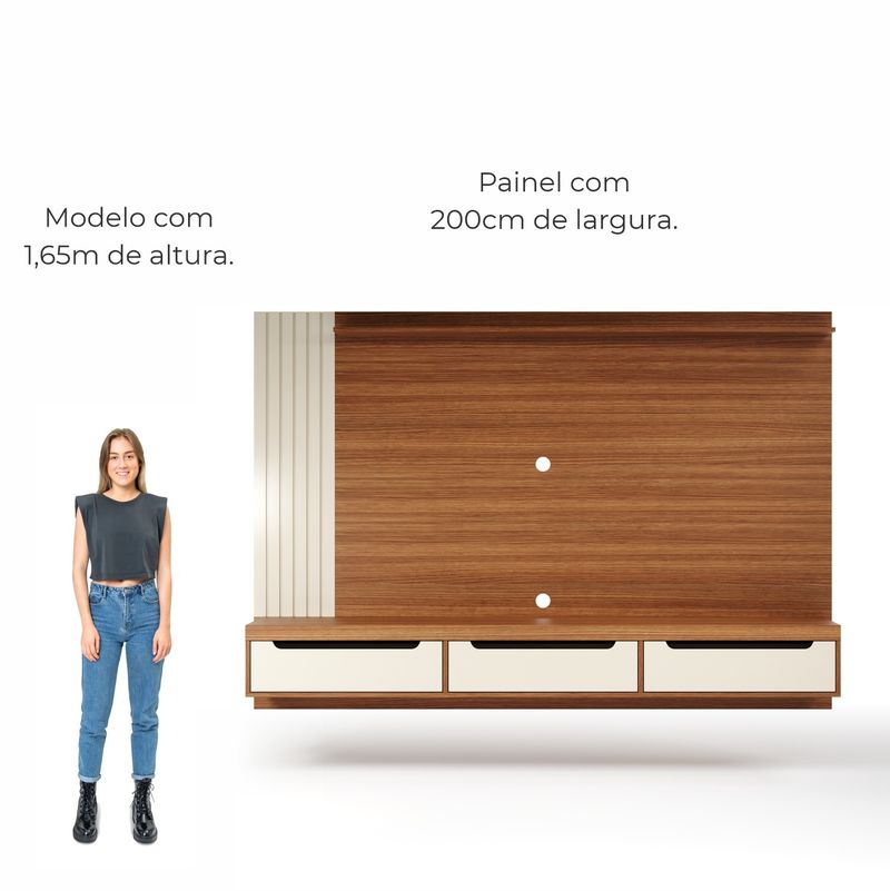 Painel Para Tv Até 75 Polegadas 3 Gavetas 1 Prateleira Com Ripado Copiapó - Cinamomo / Off White