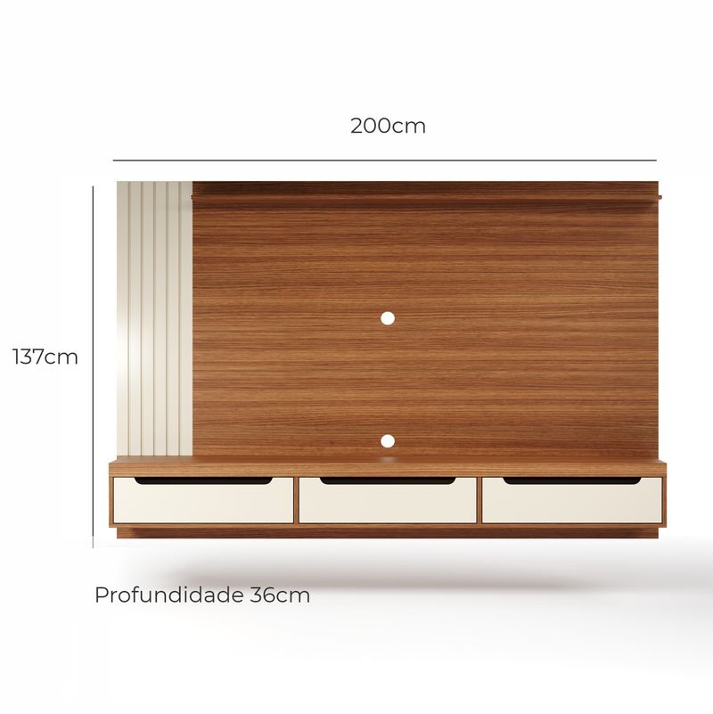 Painel Para Tv Até 75 Polegadas 3 Gavetas 1 Prateleira Com Ripado Copiapó - Cinamomo / Off White