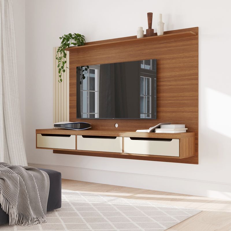 Painel Para Tv Até 75 Polegadas 3 Gavetas 1 Prateleira Com Ripado Copiapó - Cinamomo / Off White