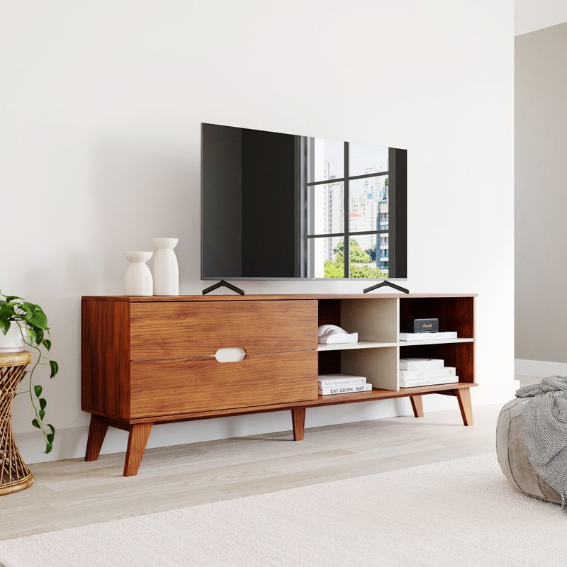 Rack Bancada Seul para Tv 75 com 2 Gavetas - Cedro / Off white