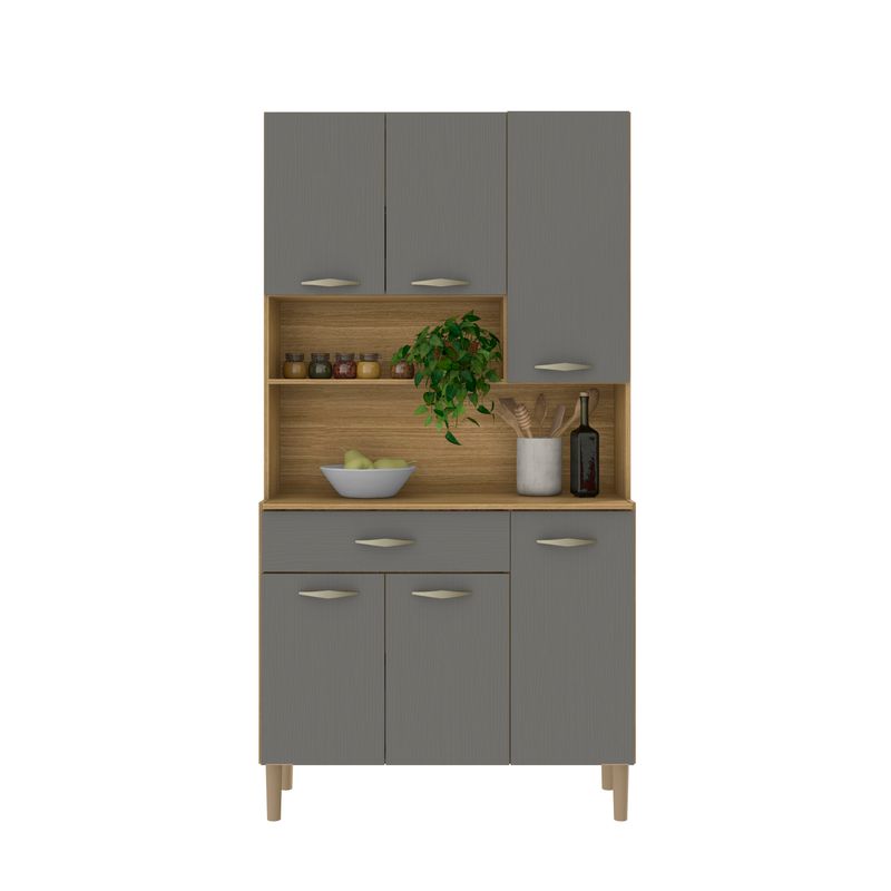 Armário de Cozinha Elche 6 Portas 1 Gaveta Ripada - Freijó / Grafite