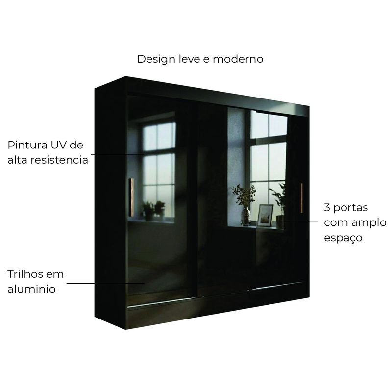 Guarda Roupas 3 Portas 2 Gavetas Grande Casal Preto